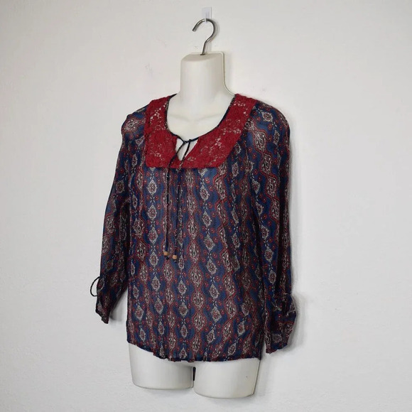 Lucky Brand Floral Crochet Peasant Blouse Sz M Crinkle Sheer Southwestern Boho - Picture 3 of 16